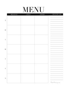 the printable menu is shown in black and white, with an empty space for text