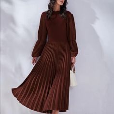 Gathered Sleeve Pleated Skirt Chocolate Brown See Photo Of Measurements L = 8/10 In Us Never Worn - Nwot Clean And Smoke Free Home Non-stretch Pleated Midi Dress For Fall, Hem Sweater, Shein Dress, Gathered Sleeves, Shein Dresses, Chocolate Brown, Pleated Skirt, Sweater Dress, Colorful Dresses