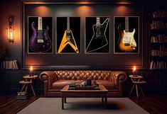 three guitars are hanging on the wall above a leather couch in a dark room with two candles