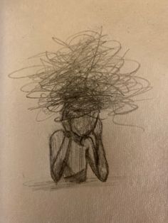 a pencil drawing of a person holding a bunch of hair on their head with one hand