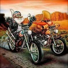 two cartoon characters riding motorcycles on the road