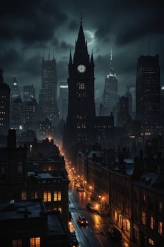 the city skyline is lit up at night, with dark clouds and buildings in the background