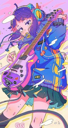 an anime character with headphones and a guitar