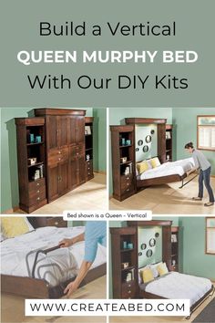 Photos show person pulling down a vertical queen Murphy bed from a wall unit Murphy Bed Mechanism, Bed Mechanism, Build A Murphy Bed, Best Murphy Bed, Queen Murphy Bed, Murphy Bed Diy, Bunk Room, Murphy Bed, Space Savers