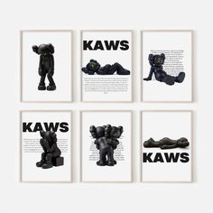 four black and white prints with the words kaws on them