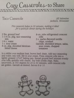 the recipe for cozy casserole - to - share is shown in black and white