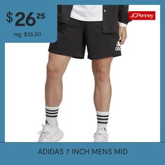 Made for more than just a workout, this pair of men's adidas shorts is perfect for your everyday rotation. They are made from a soft cotton-jersey with an elastic-drawstring waist and side pockets. Wear them with a t-shirt and a denim jacket for a casual look.Front Style: Flat FrontClosure Type: Full Elastic, DrawstringFit: Regular FitPockets: 2 Side Slip PocketsRise: Mid RiseShort Length: Short LengthFiber Content: 100% CottonFabric Description: JerseyInseam: 7 InCare: Tumble Dry, Machine Wash… Rise Workout, Shorts Workout, Adidas Mens, Adidas Shorts, A Workout, Shorts Black, Workout Shorts, Adidas Men, Drawstring Waist