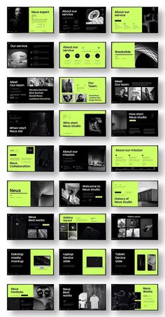 a bunch of black and green web pages with different layouts on the same page