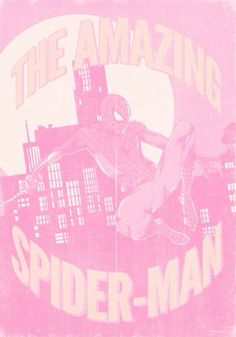 the amazing spider - man poster is shown in pink and white, with an image of a