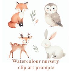 watercolor nursery clip art prints featuring cute woodland animals