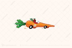 an orange car with carrots on the roof and leaves coming out of it's back