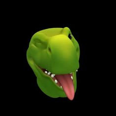 the head of a green dinosaur with its mouth open and teeth wide open, against a black background