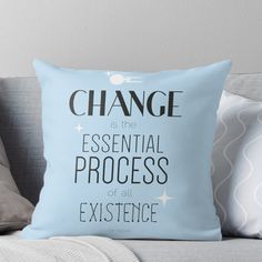 a blue pillow that says change is the essential process of all experience on it's side