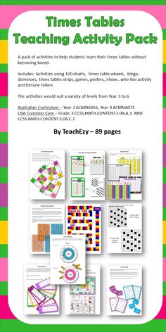 the times tables teaching activity pack is shown in pink, green and yellow stripes with text