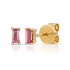 Crafted from solid gold, these pink tourmaline baguette studs are elegant and timeless. Each gem is prong set in a beautiful gold setting, making these earrings a perfect gift or a luxurious addition to your fine jewelry collection. 14k solid yellow gold genuine pink tourmaline baguettes 2x4mm *Please note that fine jewelry is final sale. Questions about Shipping & Returns? Baguette Studs, Fine Jewelry Collection, Eternity Band Diamond, Cute Earrings, Solid Yellow, Pink Tourmaline, Eternity Bands, Future Wedding, Prong Setting