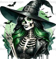 a woman with green hair wearing a witches hat and holding a skeleton in her hand