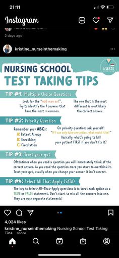 the nursing school test taking tips page is displayed on an iphone screen, with text below it