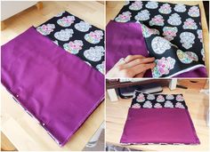 three pictures showing how to make a table runner with purple fabric and flowers on it