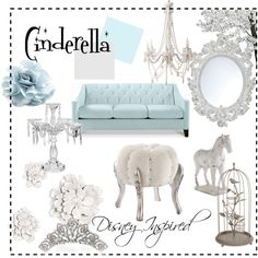 a collage of white and blue furniture, chandelier, mirror, horse figurines