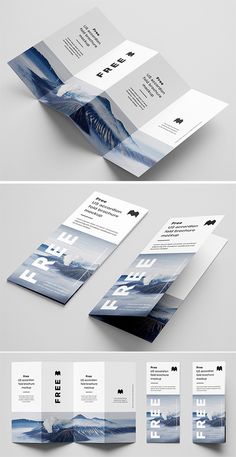 three fold brochure mockup with blue water and mountains in the background, on top