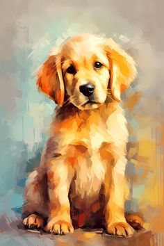 a painting of a puppy sitting on the ground