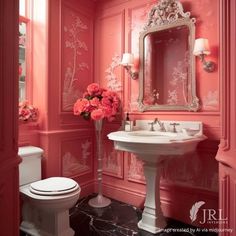 a bathroom with pink walls and white fixtures, including a pedestal sink in the center