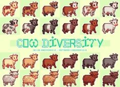 an old school video game poster with cows and sheep in different colors, from green to brown