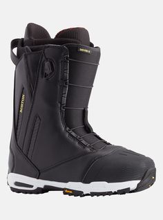 the snowboard boots are all black and have white outstratches on them