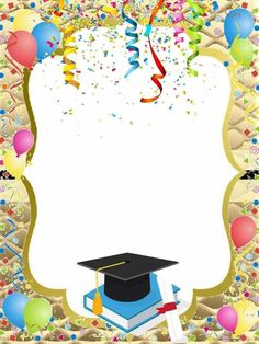 a graduation card with balloons, streamers and confetti in the shape of a graduate's cap