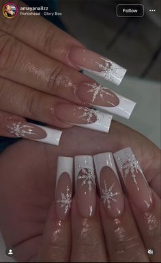 Holiday Nails Long Square, White French Nails, Winter Nails Acrylic, Snowflake Nails, Long Acrylic, Christmas Nails Acrylic, White French