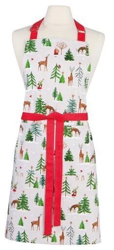 a white apron with red straps and deers on it, next to a mannequin