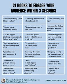 21 Hooks To Engage Your Audience Within 3 Seconds


Hooks are key to generating engagement with your posts ✔


Do not expect the user to guess what he has to do when he sees your posts, Ask them 🔥


Important 😎 : Use 1 CTA per post!


That Way You Won't Confuse Your Audience Social Media Content Strategy, Marketing Planner, Social Media Management Tools, Social Media Marketing Plan, Marketing On Instagram