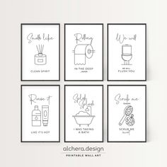 four black and white bathroom wall art prints