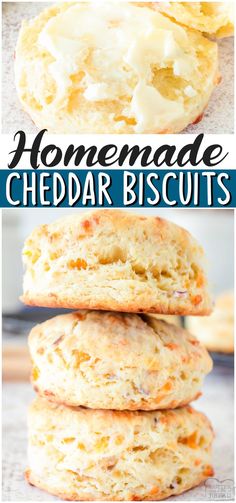 homemade cheddar biscuits stacked on top of each other