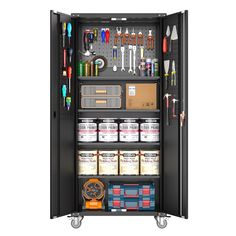 an open tool cabinet with tools and other items in the compartment on wheels, isolated against a white background