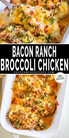 bacon ranch broccoli chicken casserole in a white baking dish with text overlay