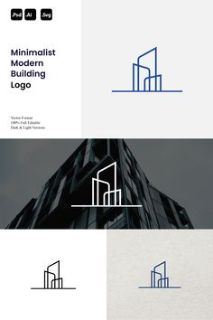 the minimalist modern building logo is shown in three different colors and styles, including blue