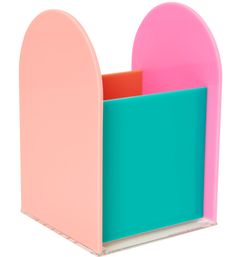 a pink and blue desk organizer on a white background