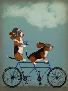 two dogs riding on the back of a bicycle with cups in their mouths and tails