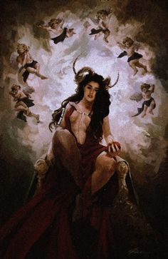 a painting of a woman sitting on top of a chair with angels in the background