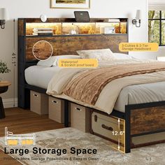 an image of a bed with storage drawers on it's headboard and foot board