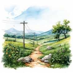 a watercolor painting of a dirt path in the middle of a field with flowers