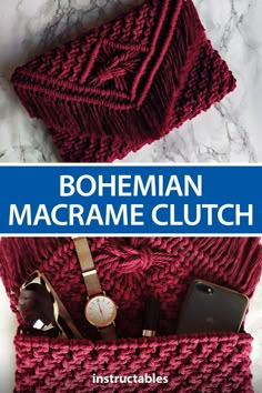 an image of a red scarf with text overlay that reads bohemian macrame clutch