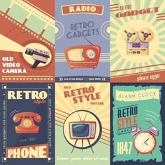 an old - fashioned poster set with different types of retro cameras and telephones on it