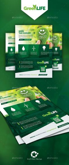 the green life flyer is shown in three different colors and sizes, including one with an image