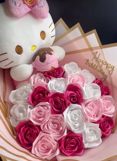 a hello kitty birthday cake with pink and white roses