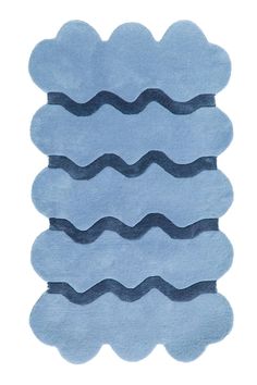 a blue rug with wavy waves on the bottom and one wave in the middle, against a white background