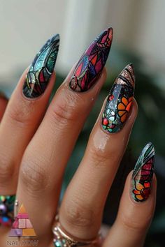 Explore this captivating stained-glass-inspired nail art featuring a myriad of vibrant colors and intricate designs perfect for spring or summer occasions. Each nail presents a unique pattern, making it a true masterpiece of creativity. Visit nailhow.com for more stunning nail art ideas! Present Nail Art, Mosaic Nails, Powerful Statements, Silk Wrap Nails