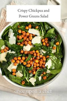 crispy chickpea and power greens salad in a white bowl with text overlay