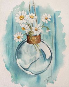 a watercolor painting of daisies in a glass vase on a blue painted background